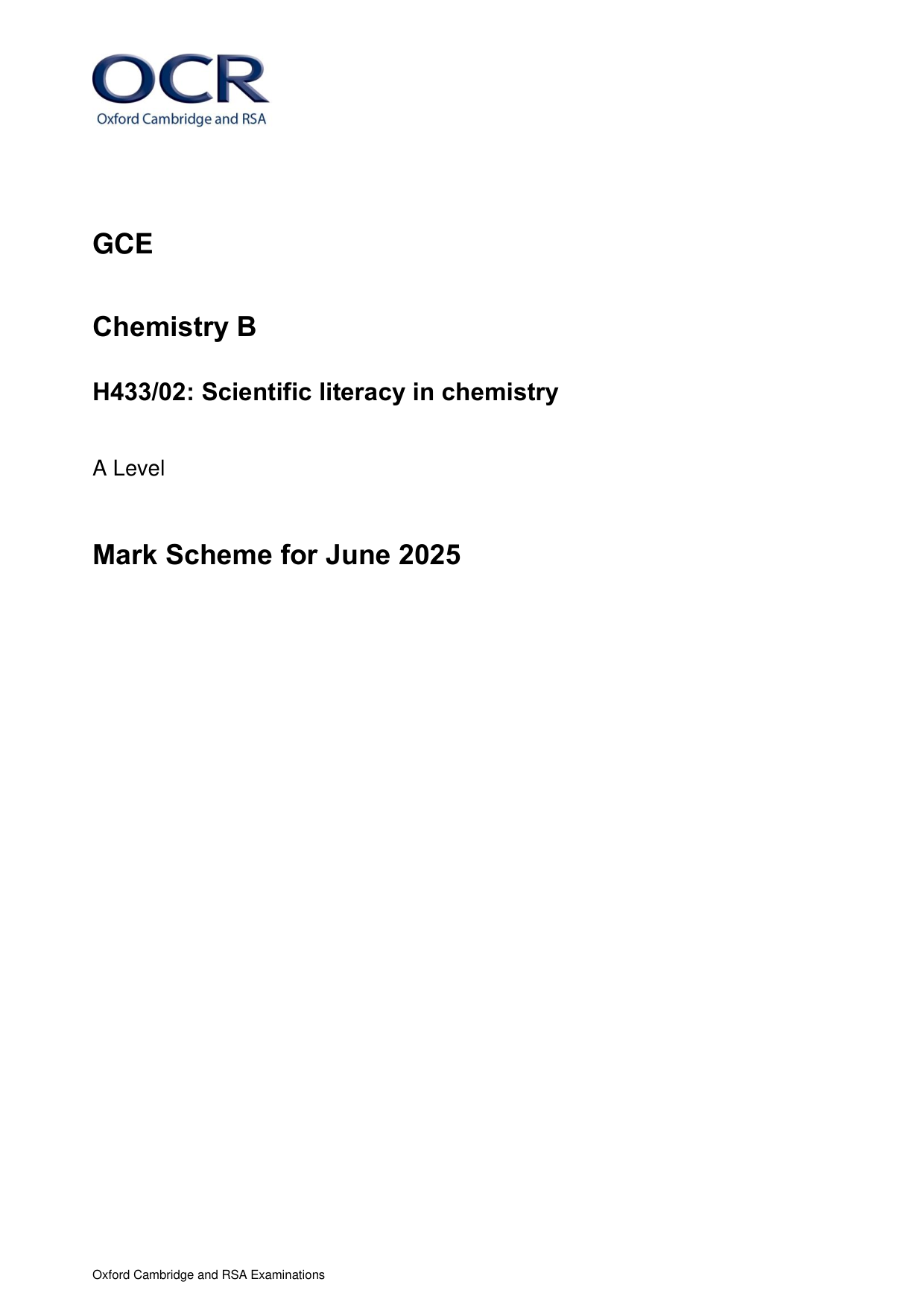 OCR A Level Chemistry B Paper 2 2025 Mark Scheme