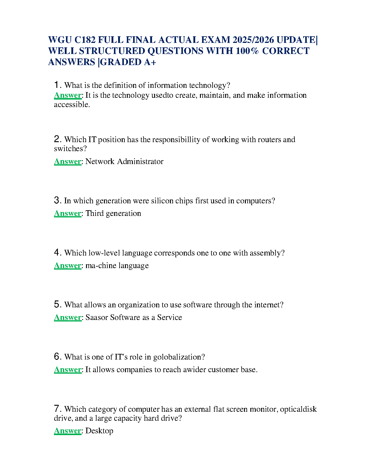 WGU C182 Introduction to IT Final Exam Test Bank 2025/2026 Based on Rainer Prince & Cegielski 9th Edition A+ Graded Q&A