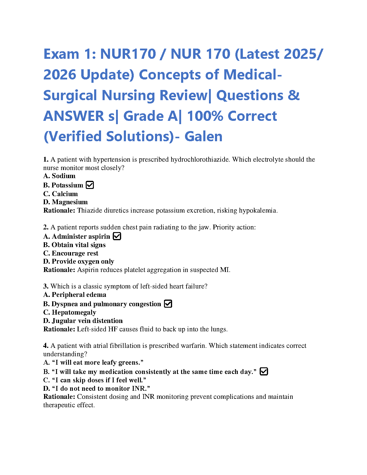 NUR 170 Concepts of Medical-Surgical Nursing Exam 1 Test Bank | Galen ...