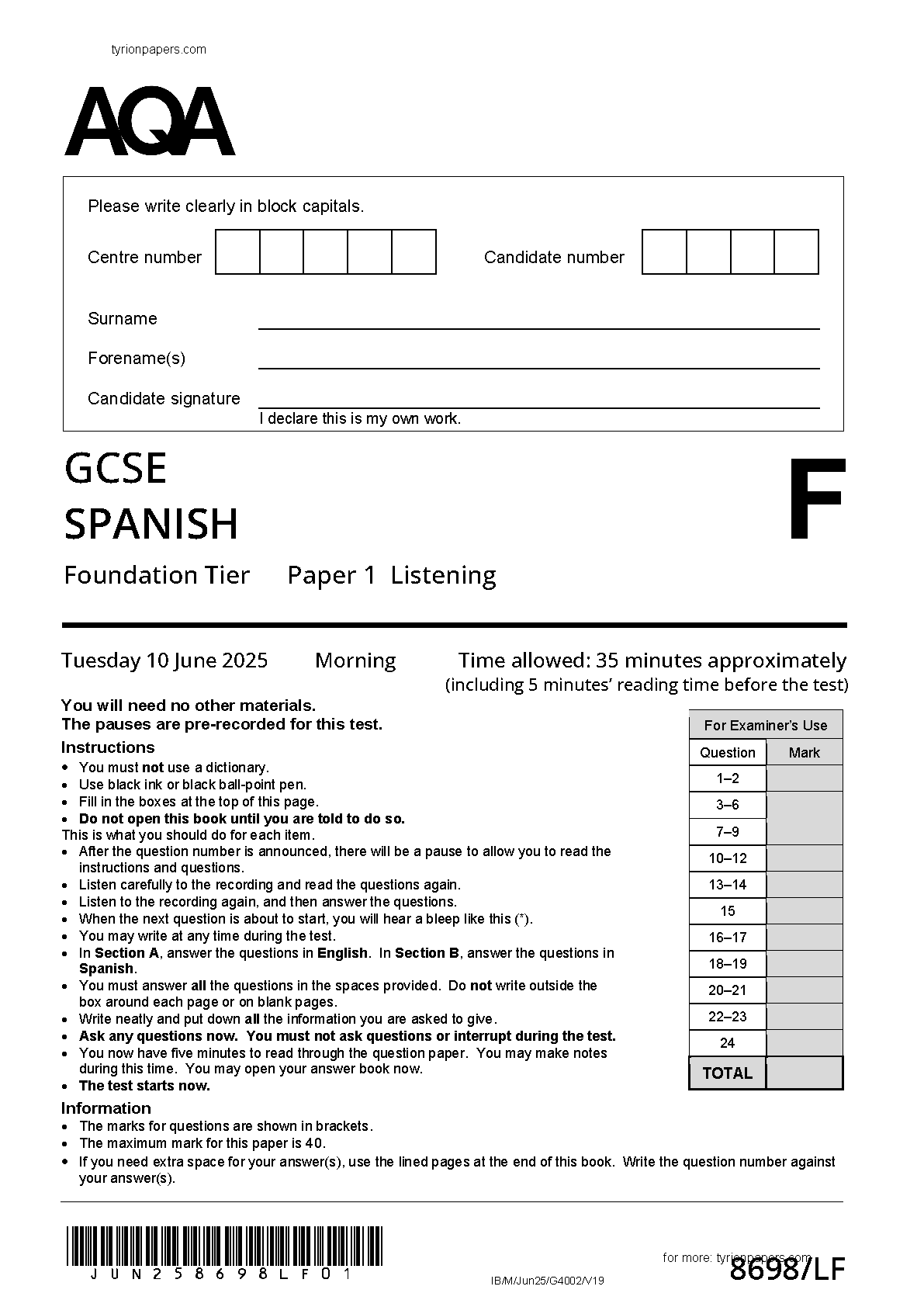 AQA GCSE Spanish Paper 1F 2025 Listening QP