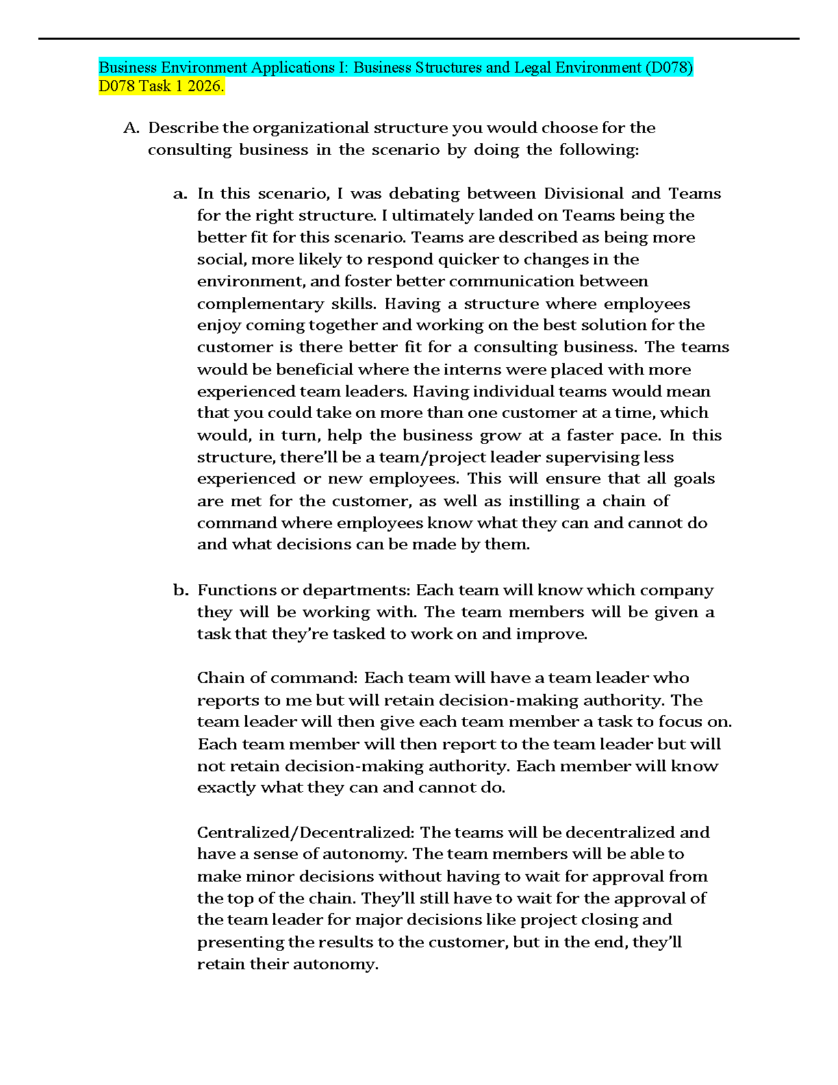 D078 Business Environment Applications I Task 1 Exam Elaboration: Latest 2025/2026 WGU Study Guide and A-Grade Solution for Organizational Structure and Legal Frameworks
