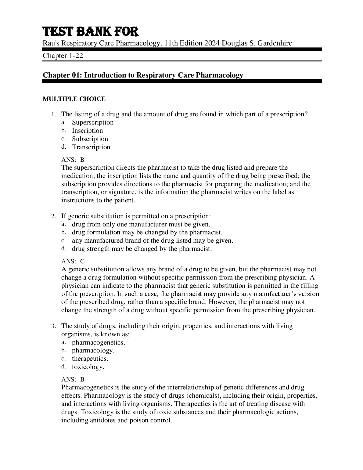 Test Bank For Rau's Respiratory Care Pharmacology, 11th Edition by Douglas S. Gardenhire