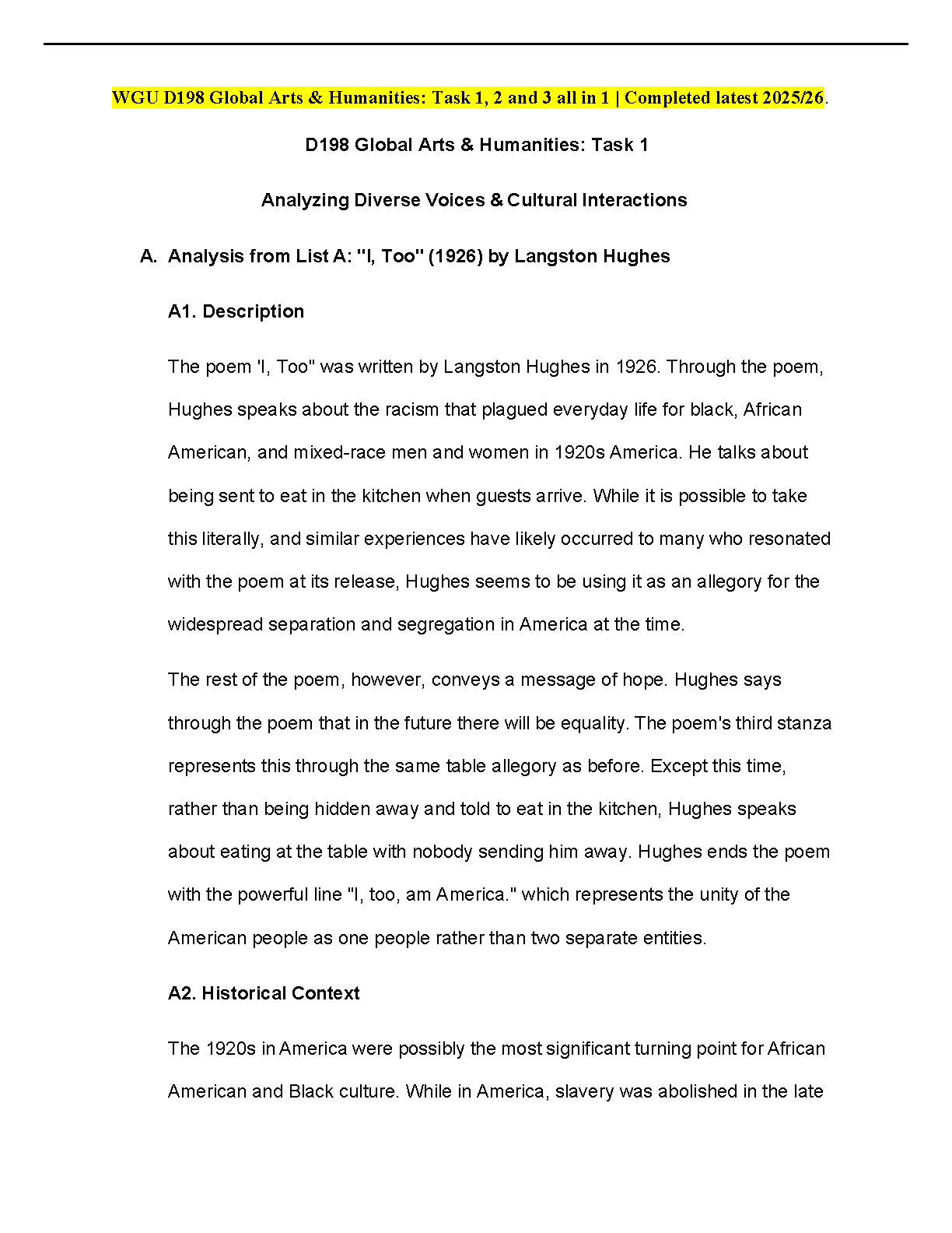 WGU D198 Global Arts & Humanities Tasks 1, 2 & 3 Verified Solutions and First-Attempt Pass Guide for 2025/2026 Academic Year