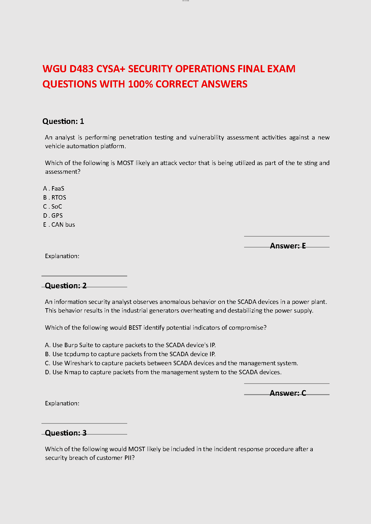 WGU D483 CySA+ Security Operations Final Exam Test Bank for the 2025/2026 Academic Year with Verified Answers