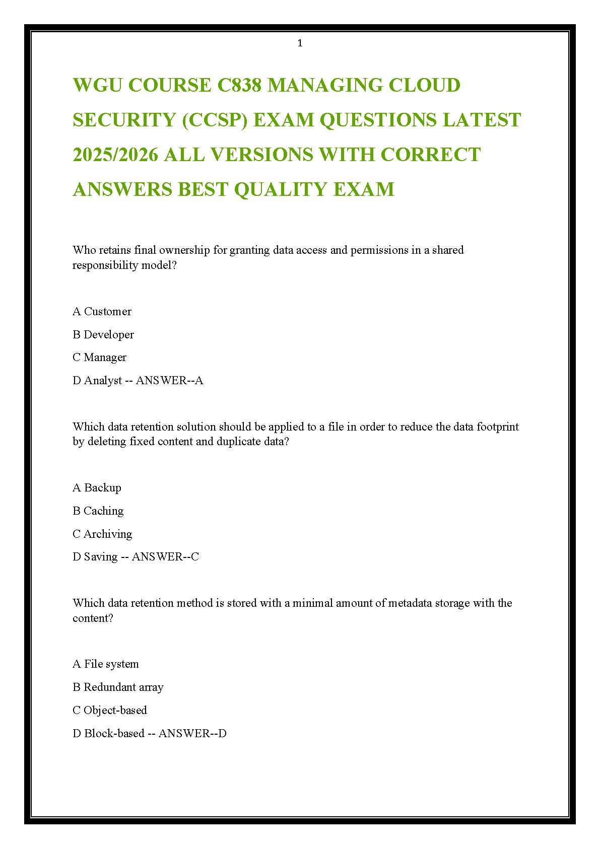 WGU C838 Managing Cloud Security CCSP Test Bank 2025/2026 with Verified Solutions