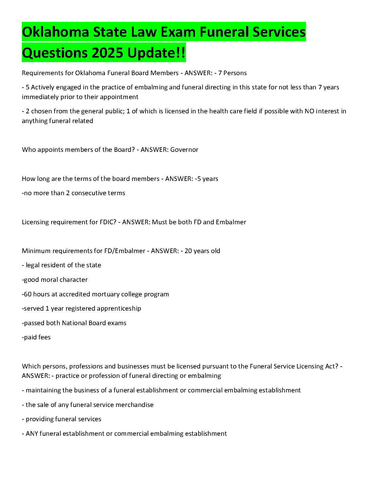 Oklahoma State Law Exam for Funeral Services Test Bank 2025 Comprehensive Q&A Study Guide and Licensure Prep Resource