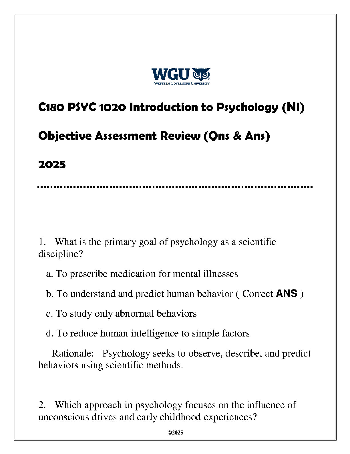 2025 WGU C180 PSYC 1020 Introduction to Psychology Objective Assessment Review Questions and Answers Study Guide