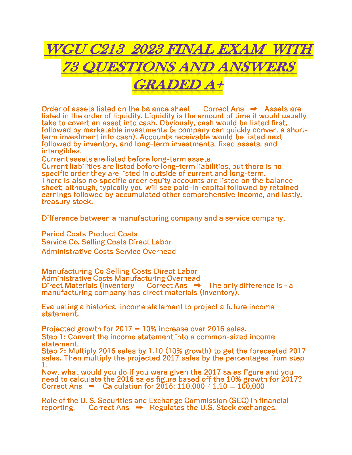 WGU C213 Accounting for Decision Makers Final Exam Test Bank: 73 Questions & A+ Graded Answers (Based on Managerial Accounting)