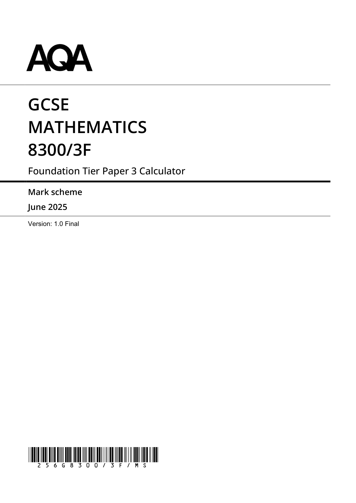 AQA GCSE Maths Paper 3 2025 Mark Scheme PDF