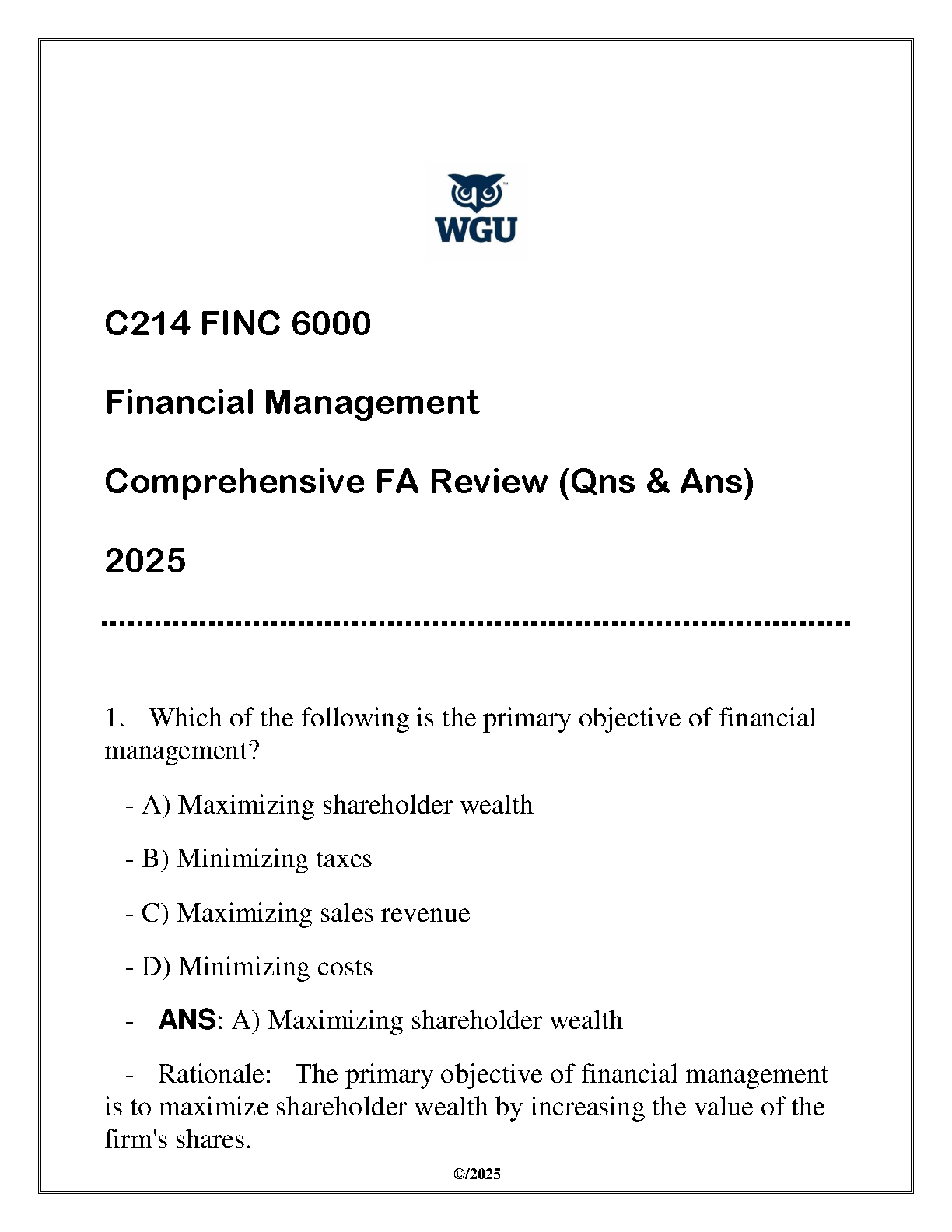 WGU C214 FINC 6000 Financial Management Comprehensive Review Questions and Answers Guide 2025