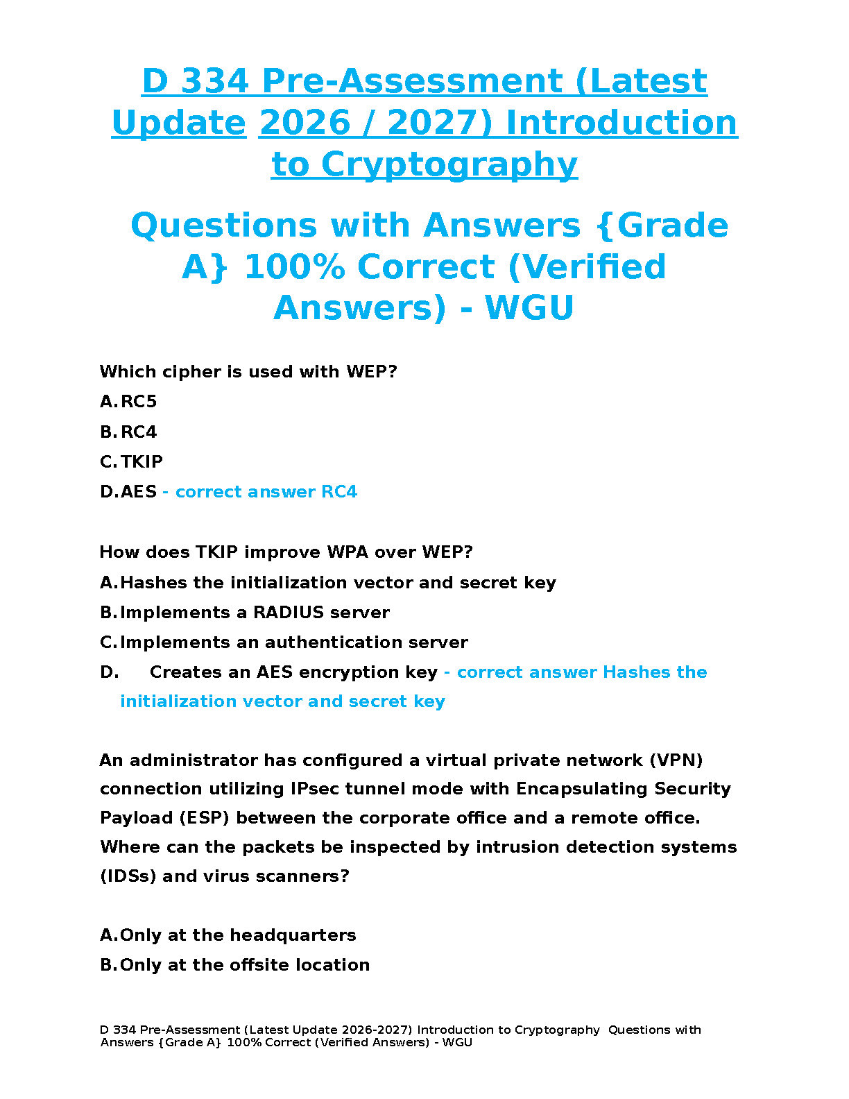WGU D334 Introduction to Cryptography Test Bank with Verified Answers for Pre-Assessment Preparation