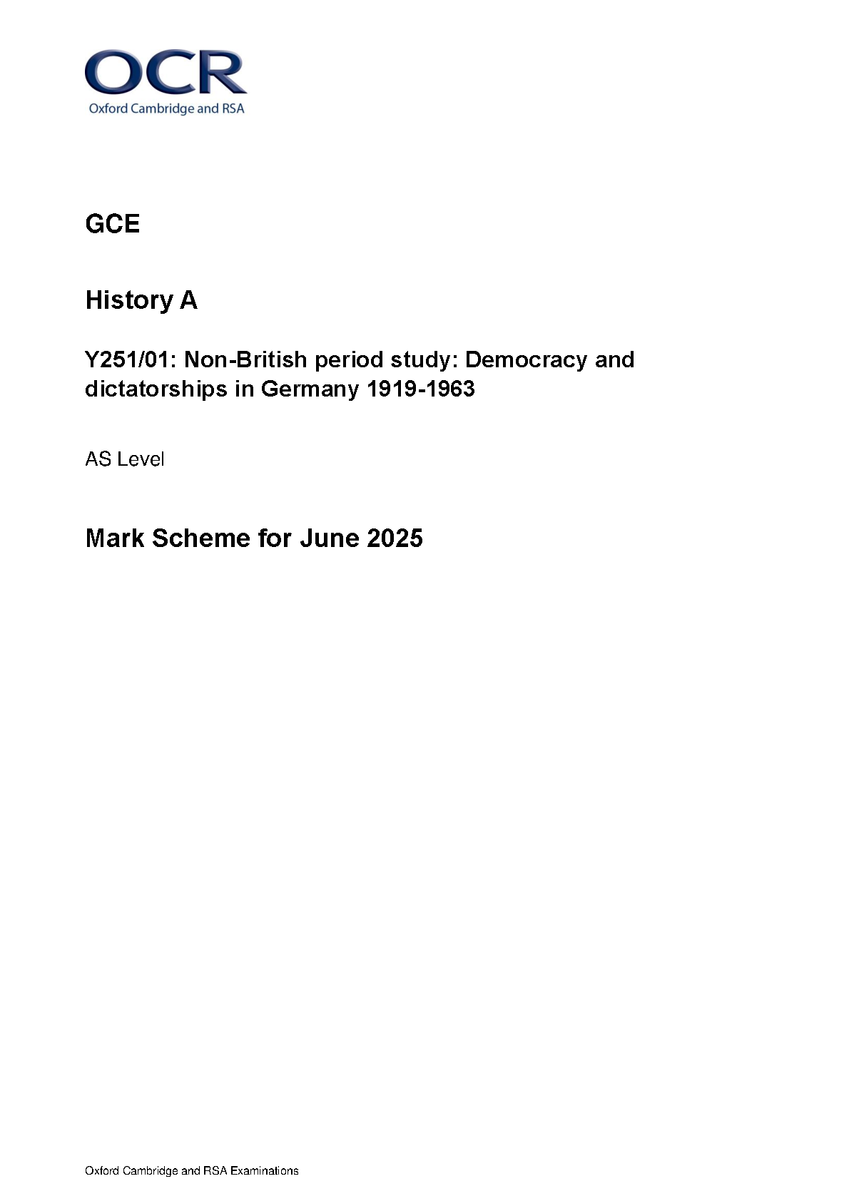 OCR AS Level History A Democracy and Dictatorships 2025 Ms