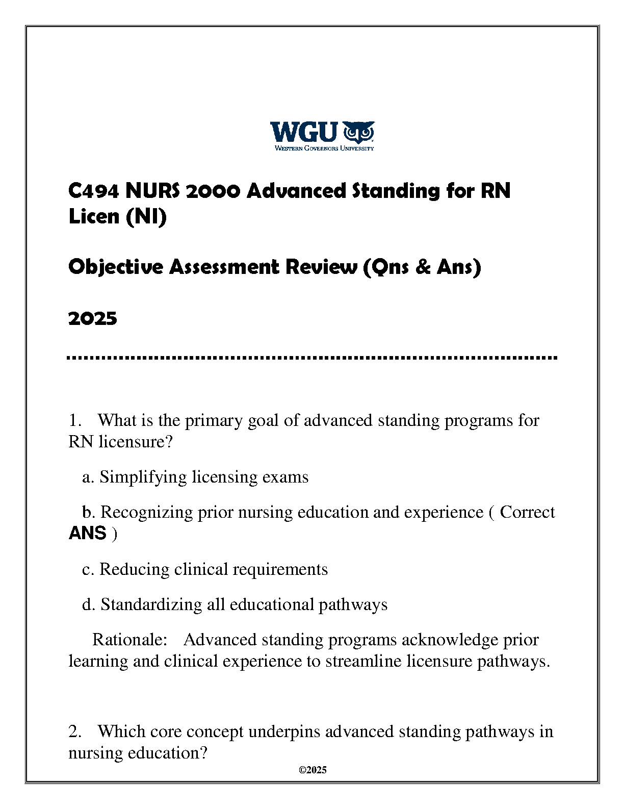 WGU C494 NURS 2000 Advanced Standing for RN Licensure (NI) - 2025 Edition: Objective Assessment Review Questions & Answers