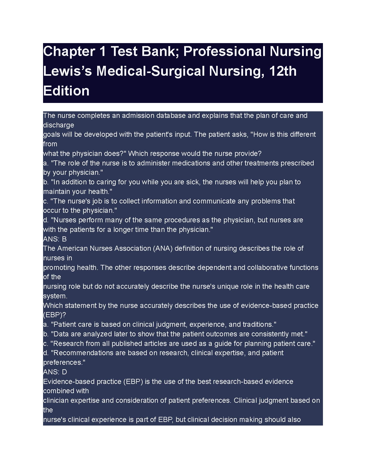 Lewis's Medical-Surgical Nursing Chapter 1 Test Bank Professional Nursing Q&A Rationales 2026/27 Edition