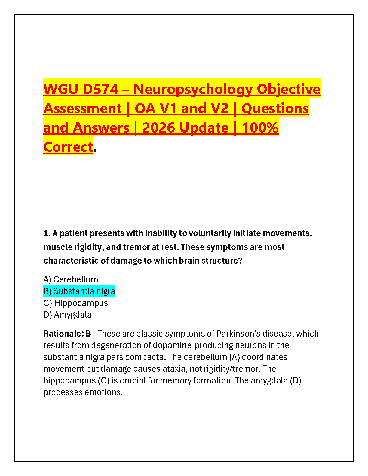 WGU D574 Neuropsychology Objective Assessment Exam Questions and Answers Guide for V1 & V2