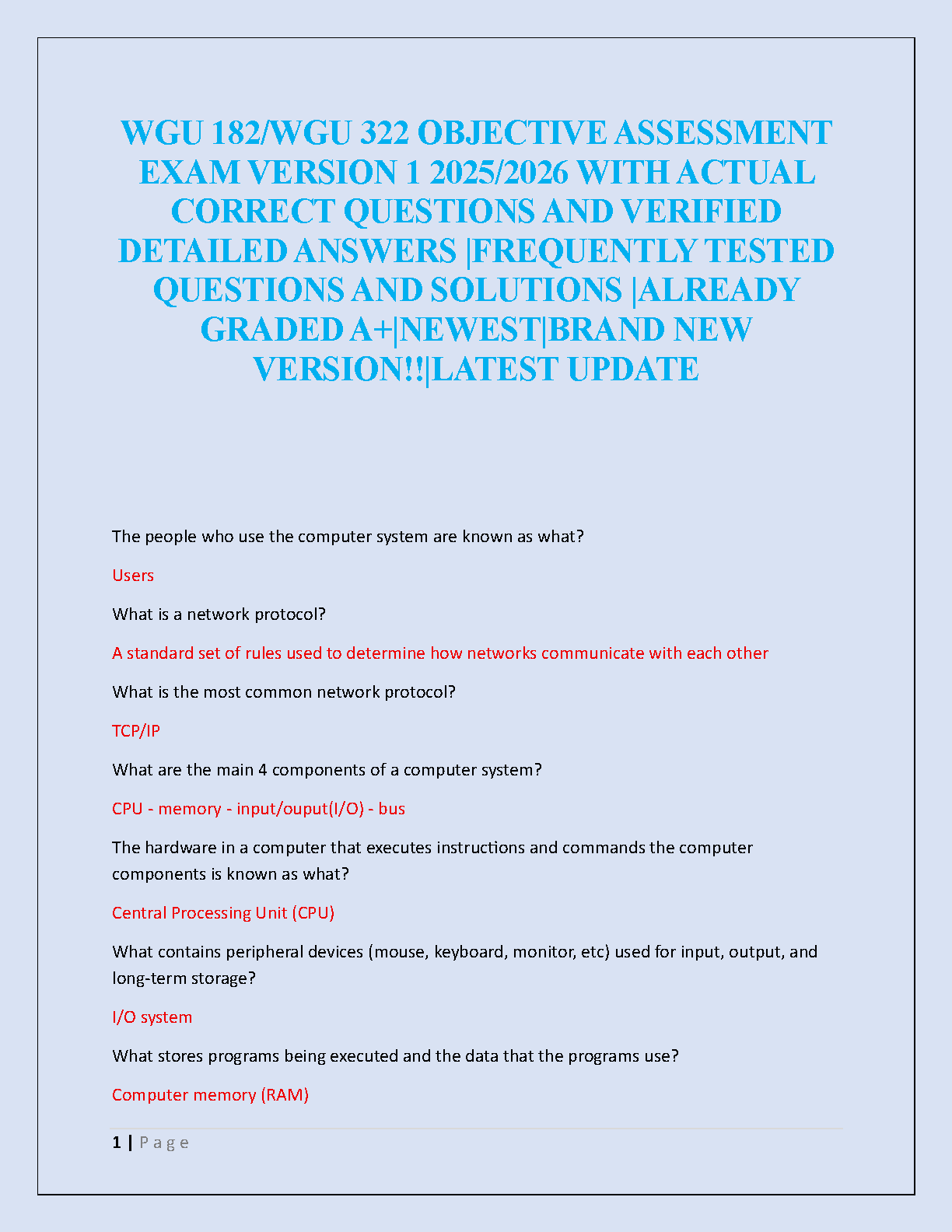 WGU 182/WGU 322 Objective Assessment Exam Version 1 (2025/2026) Verified Questions and Answers Study Guide