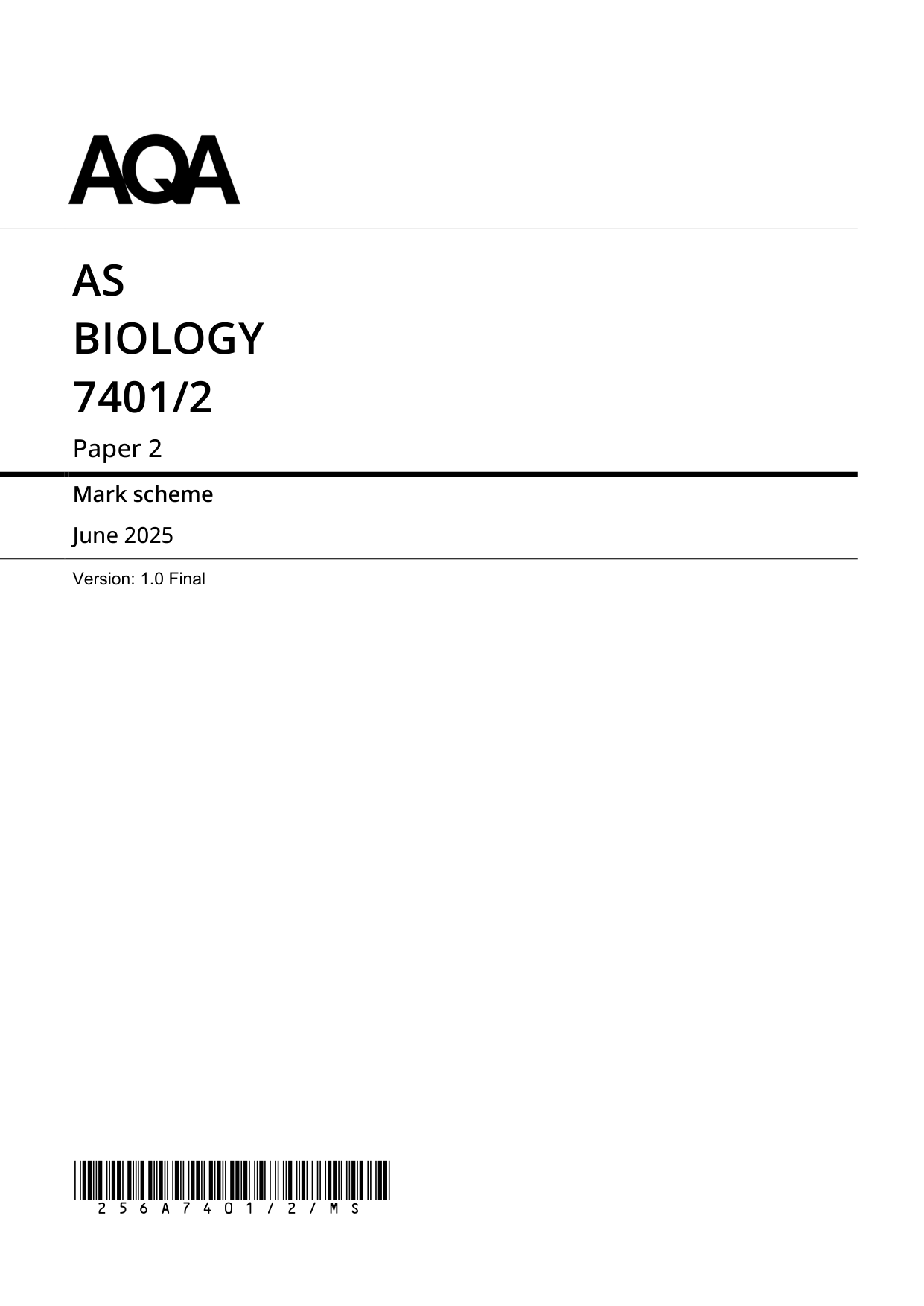 AQA AS Biology Paper 2 2025 Mark Scheme PDF