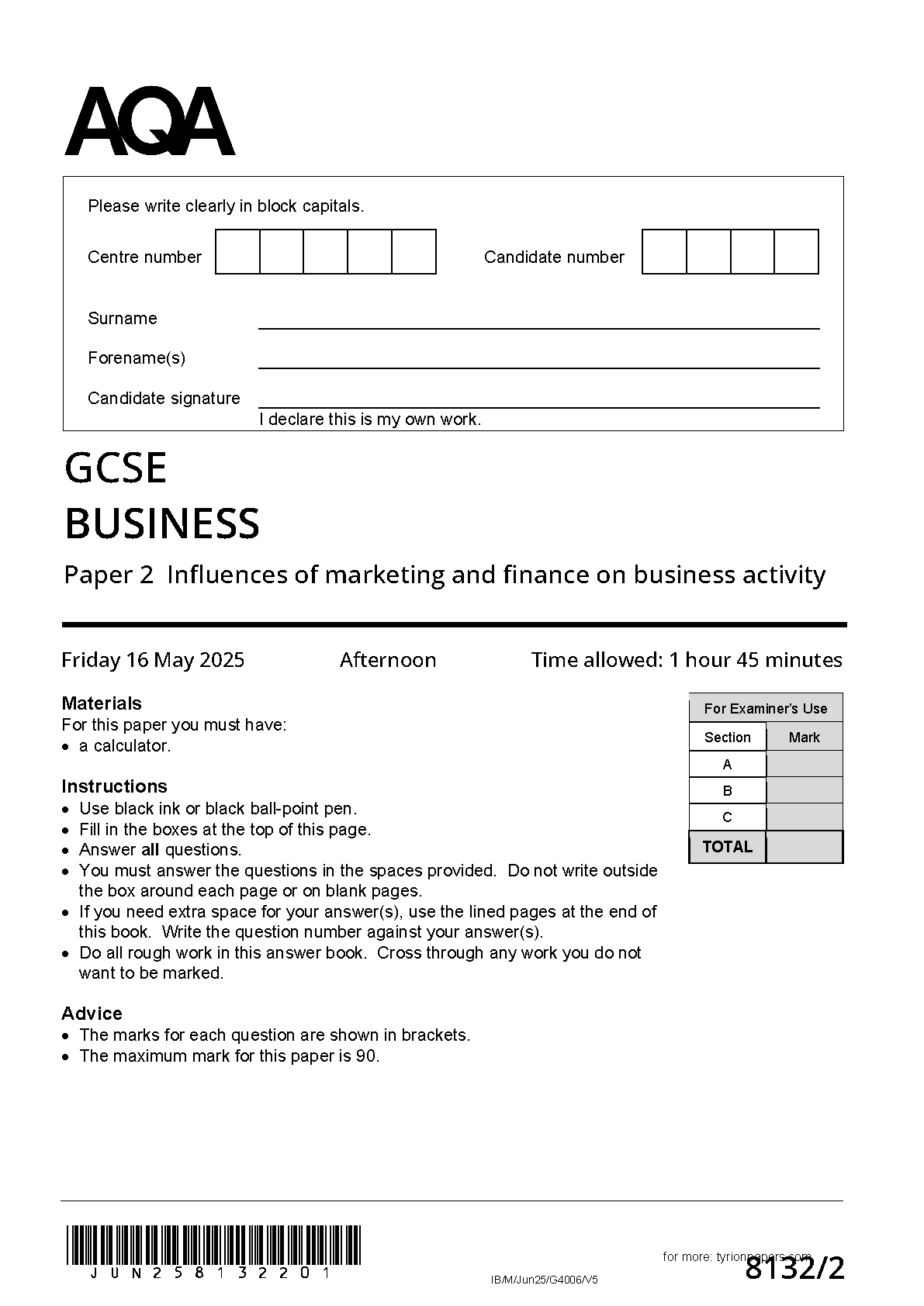 MERGED AQA Business Paper 2 Question Paper and Mark Scheme (8132/2: Influences of marketing and finance on business activity)