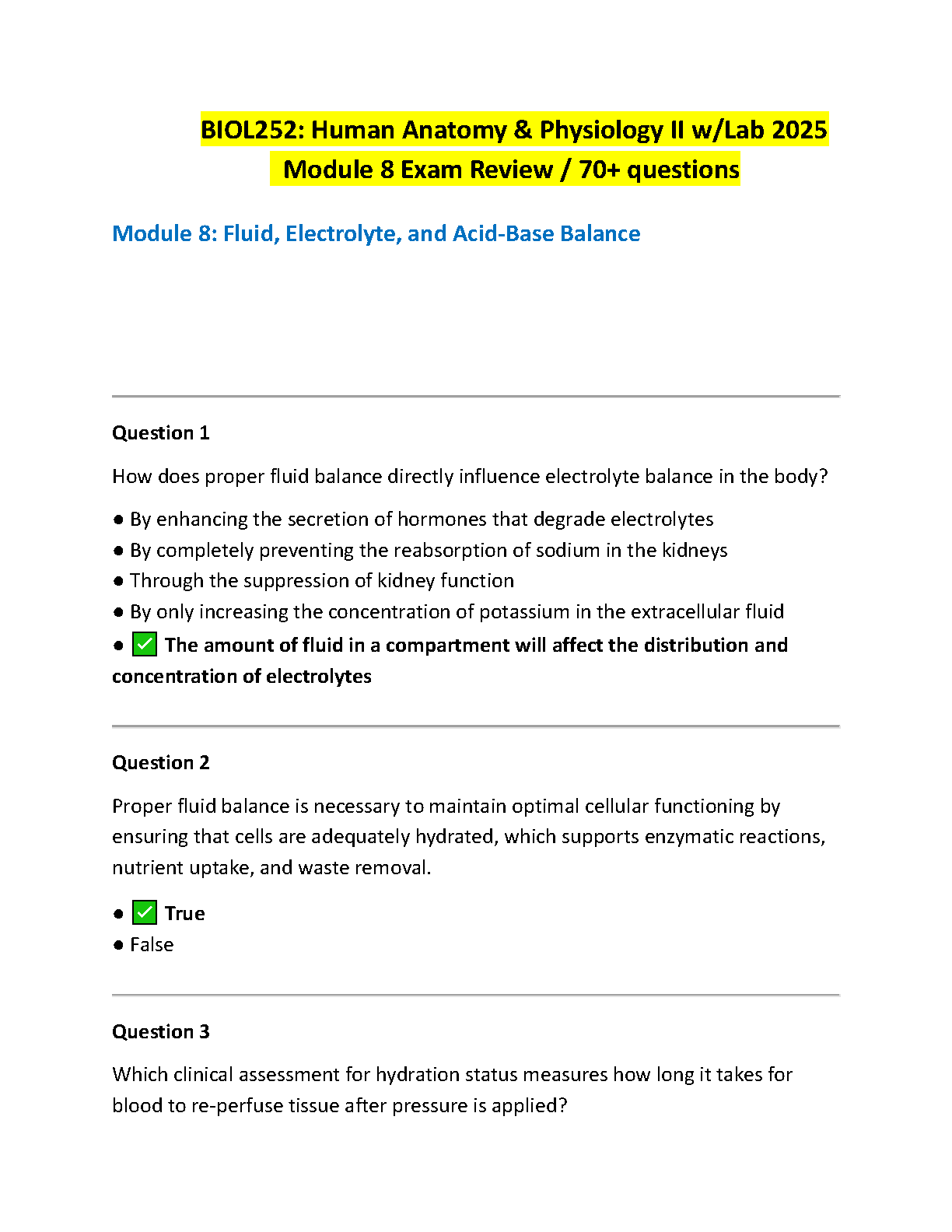 BIOL252 Human Anatomy & Physiology II Module 8 Exam Test Bank (Latest ...