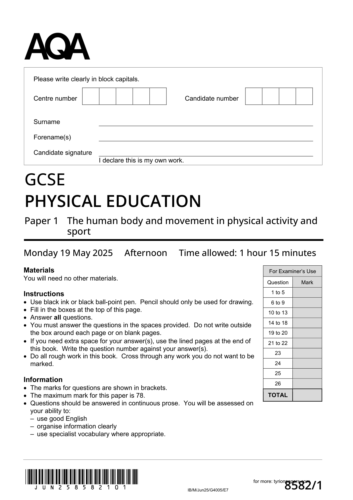 AQA GCSE Physical Education Paper 1 2025 QP PDF