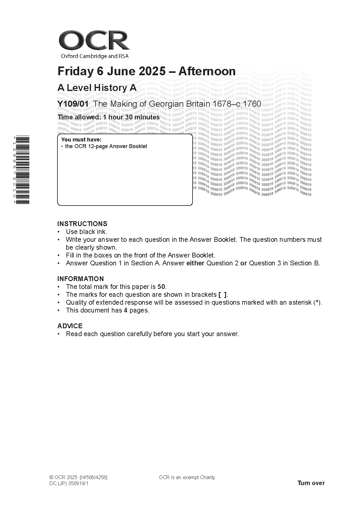OCR A Level History A Georgian Britain 2025 Question Paper