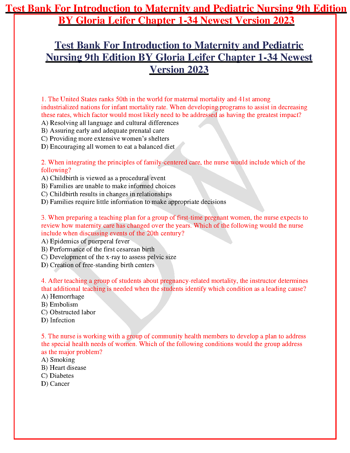 Test Bank for Introduction to Maternity and Pediatric Nursing, 9th Edition by Gloria Leifer - Chapters 1-34 (2023)