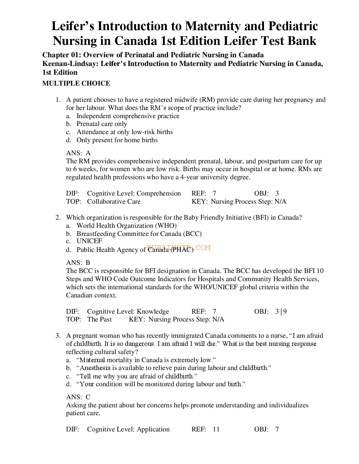 Leifer's Introduction to Maternity and Pediatric Nursing Test Bank 1st Edition Keenan Lindsay Canadian Edition