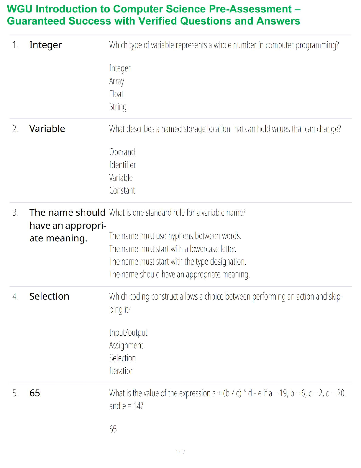 WGU Introduction to Computer Science Pre-Assessment Guide: Complete Questions and Answers for First-Time Success