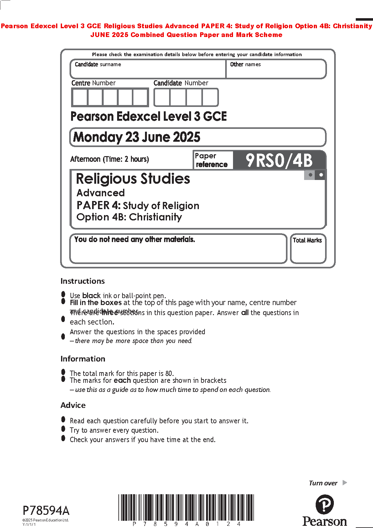Pearson Edexcel Level 3 GCE Religious Studies Advanced Paper 4 Option B Christianity June 2025 Question Paper and Mark Scheme