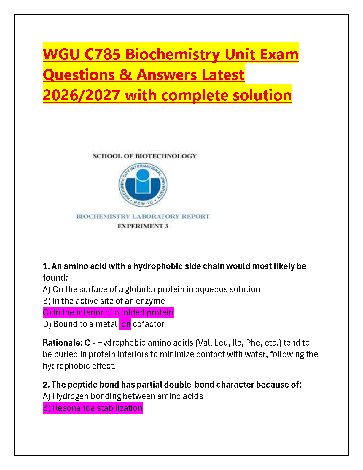 WGU C785 Biochemistry Test Bank: Latest 2025-2026 Edition | Exam Questions & Verified Answers