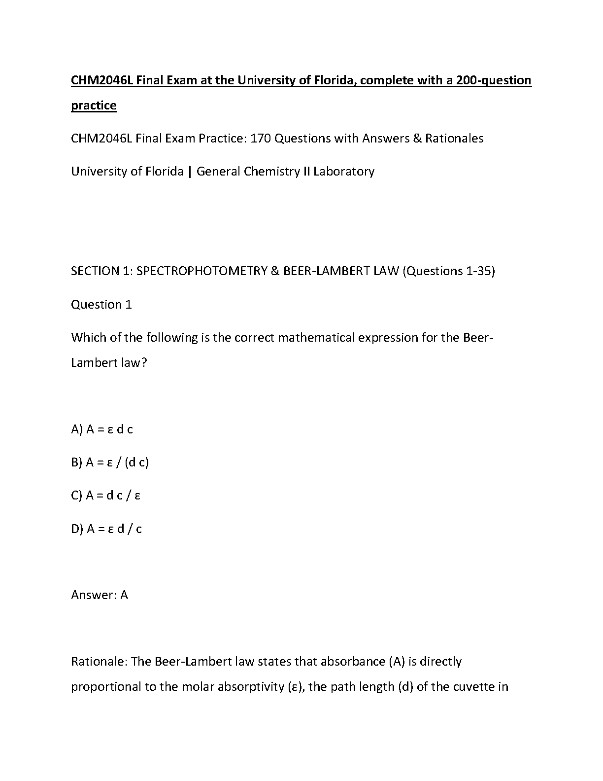 CHM2046L Final Exam Practice Questions for University of Florida General Chemistry II Laboratory Course with Answers