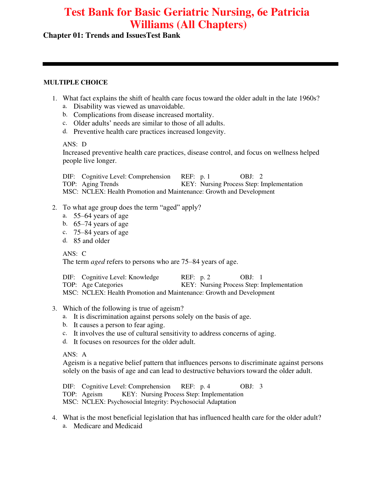 Basic Geriatric Nursing 6th Edition TEST BANK