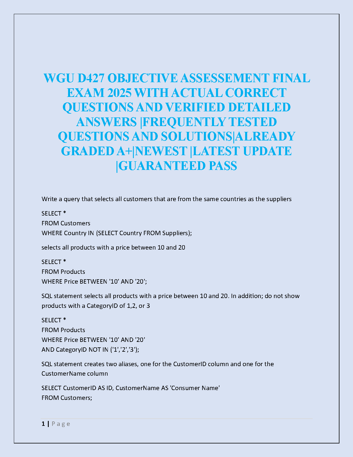 WGU D427 Objective Assessment Final Exam Study Guide 2025: Verified Questions, Detailed Answers and Revision Notes