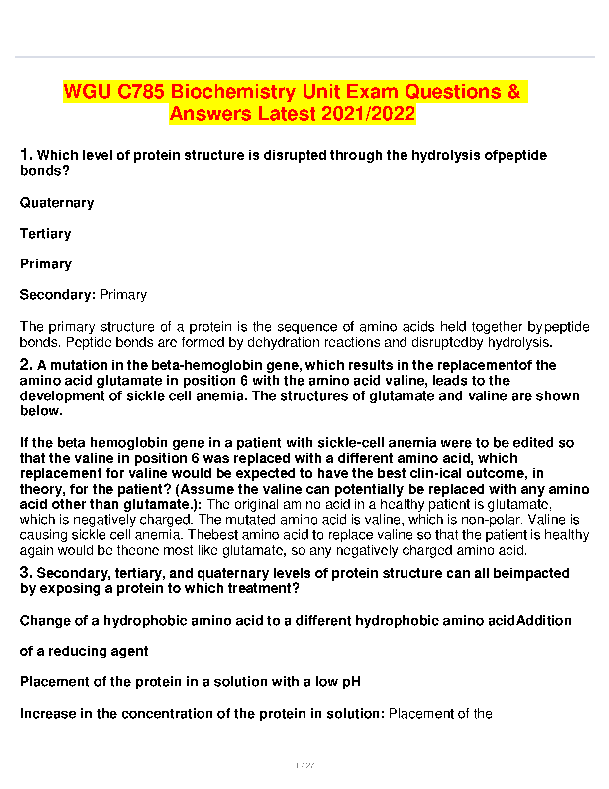 WGU C785 Biochemistry Unit Exam Questions and Answers Comprehensive Study Guide for 2021/2022 Edition Success