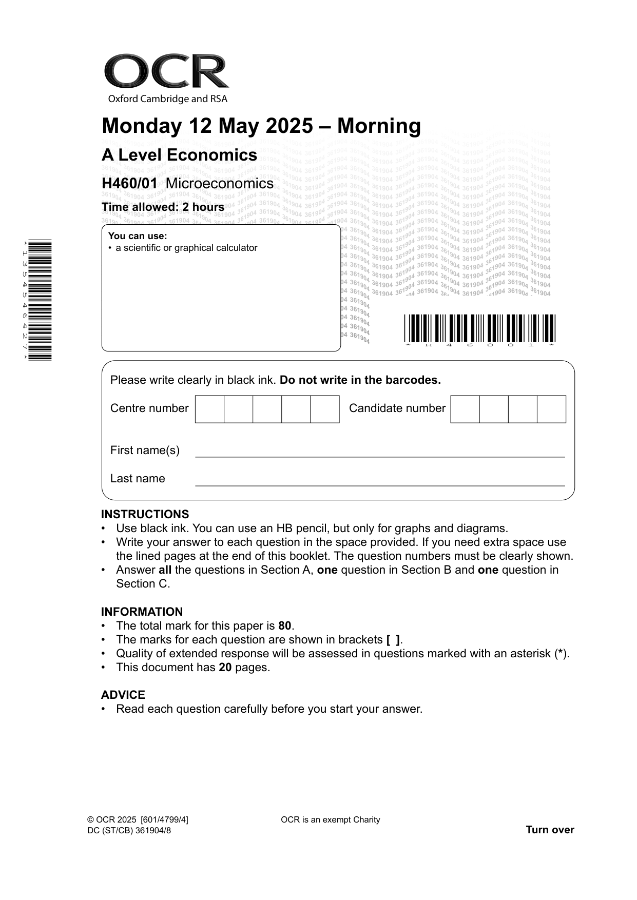OCR A Level Economics Paper 1 Question Paper