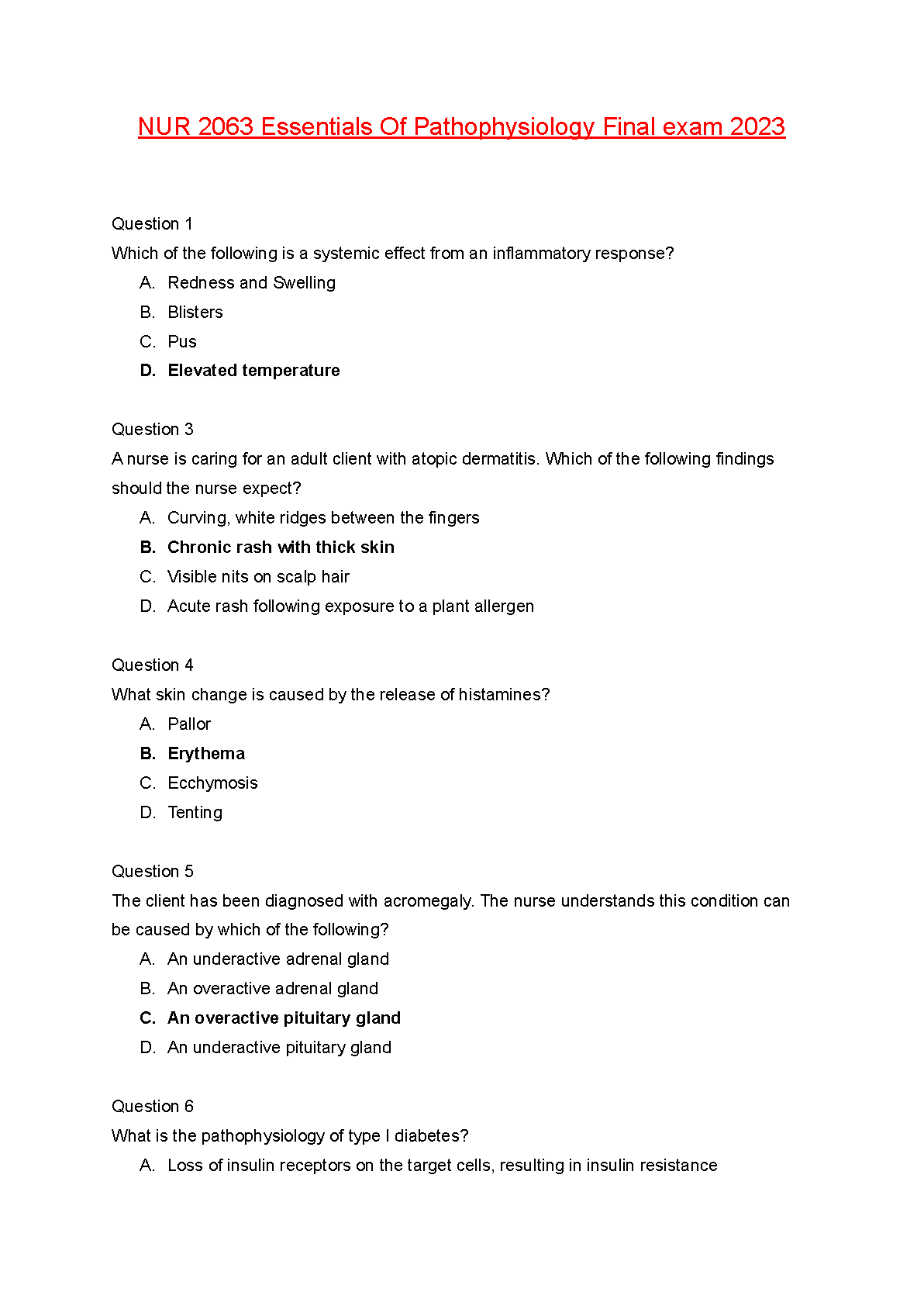 NUR 2063 Pathophysiology Test Bank: Grossman & Porth Essentials 6th Edition Verified Q&A for Nursing Students