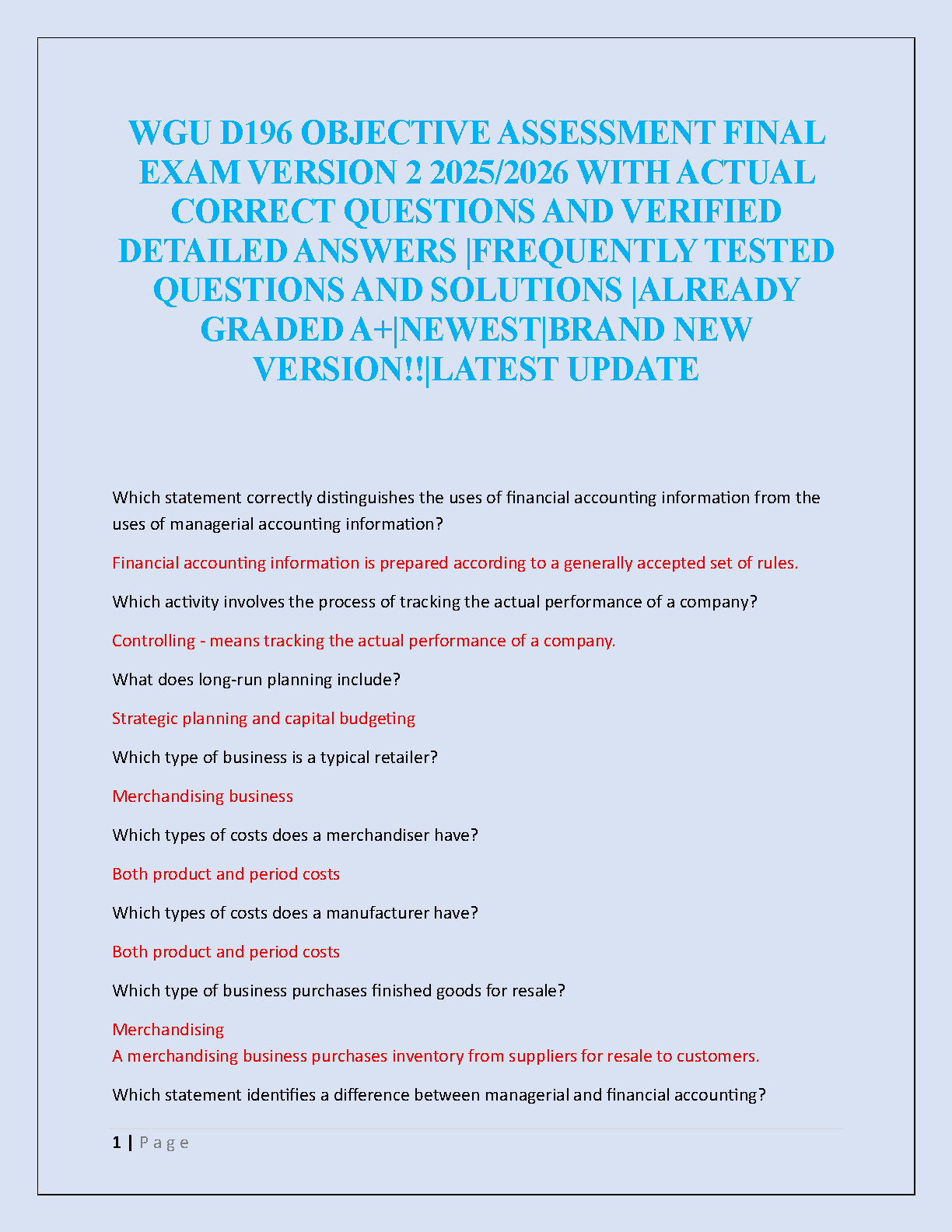 WGU D196 Objective Assessment Final Exam Version 2 (2025/2026) Verified Solutions Guide