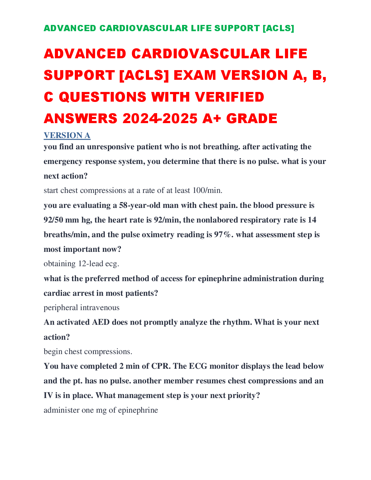 Advanced Cardiovascular Life Support (ACLS) Exam Questions with Verified Answers 2024-2025 ...