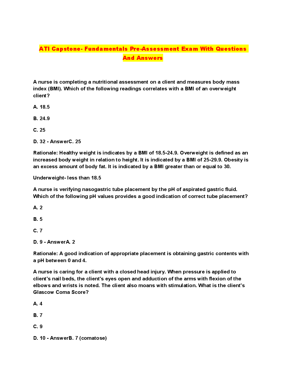 ATI Capstone Fundamentals Pre-Assessment Exam Questions and Answers 2026/27: Comprehensive Guide to Ace Your Exams on the First Attempt Without Resits