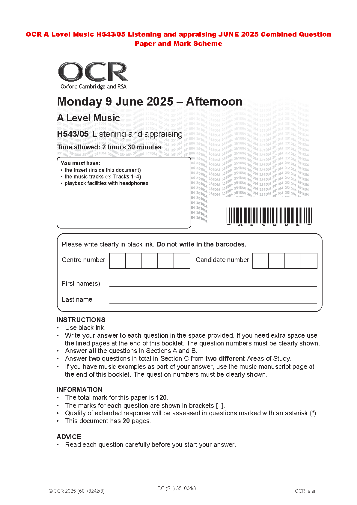 AQA A Level Music H543/05 Listening and Appraising June 2025 Exam Paper Newly Released for 2026 2027 Academic Year