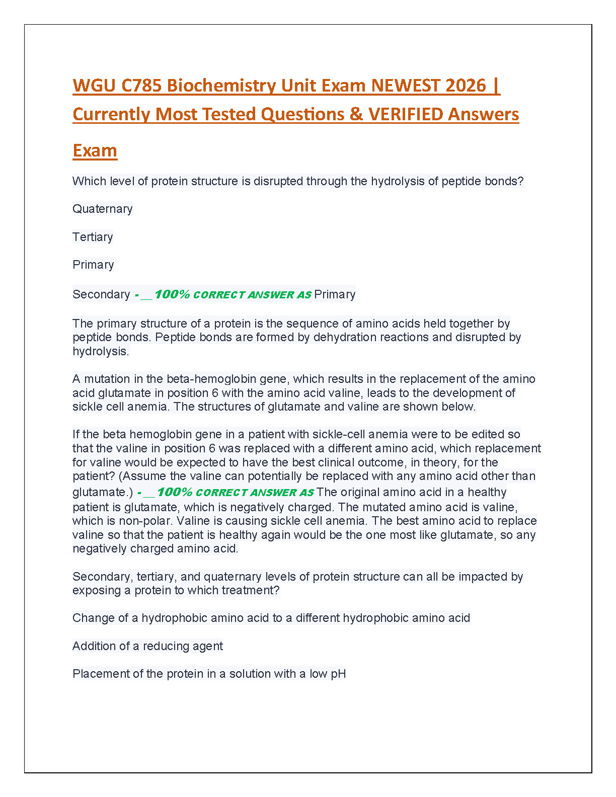 WGU C785 Biochemistry Test Bank 2026: Verified Questions and Answers for Exam Success