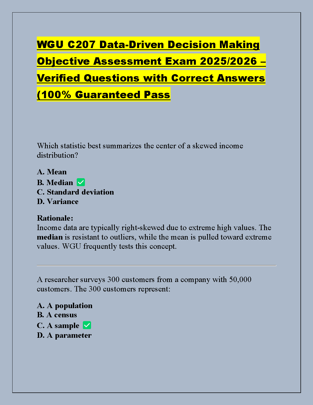 WGU C207 Data-Driven Decision Making Test Bank 2025/2026 with Verified Answers and Rationales for Exam Success