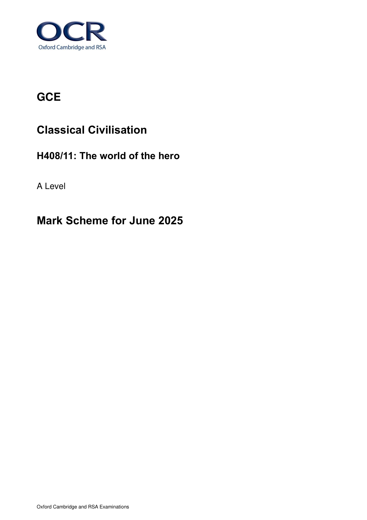 OCR A Level Classical Civilisation Paper 11 Mark Scheme