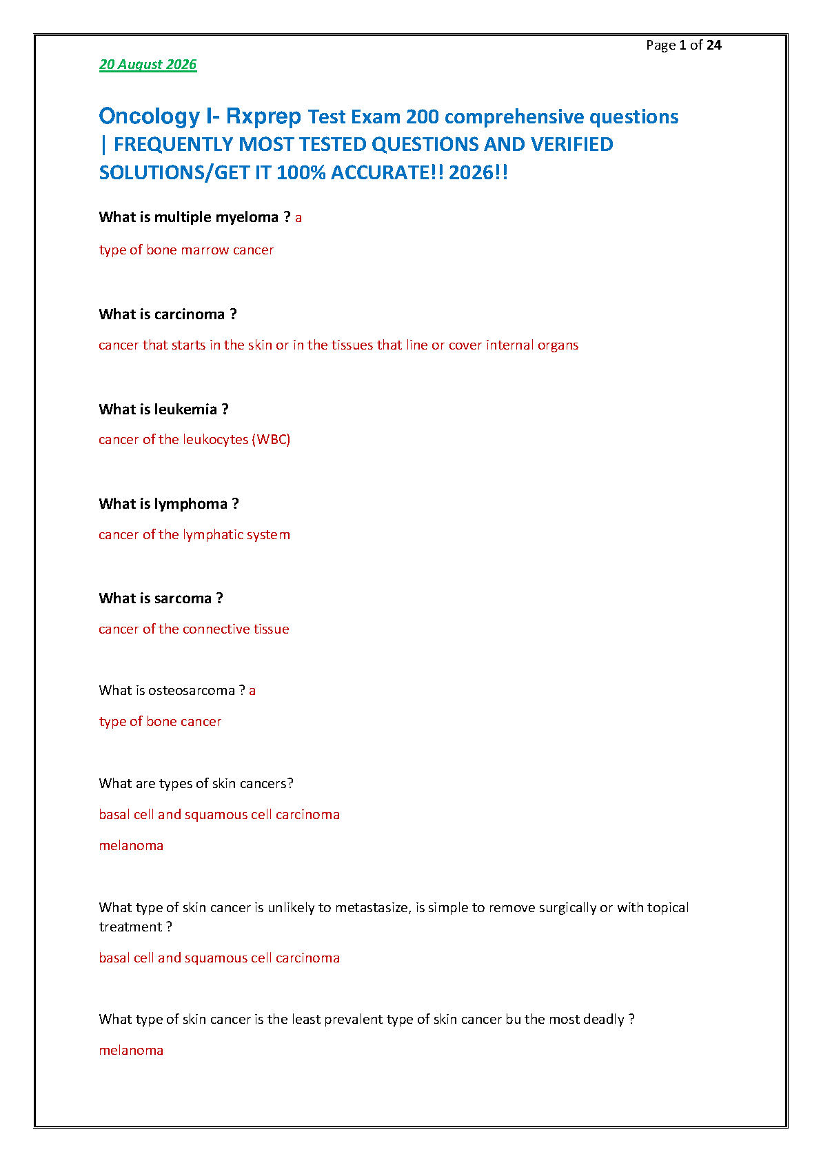 Oncology I Rxprep Test Exam 200 Questions with Verified Solutions for 2026 Academic Year Mastery