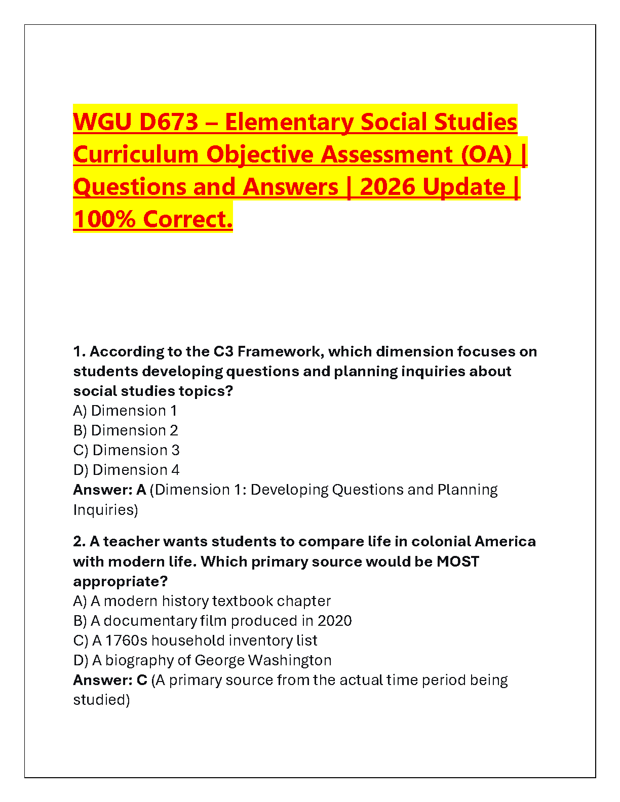 WGU D673 Elementary Social Studies Curriculum OA Test Bank 2026 Questions and Verified Answers for First-Attempt Success