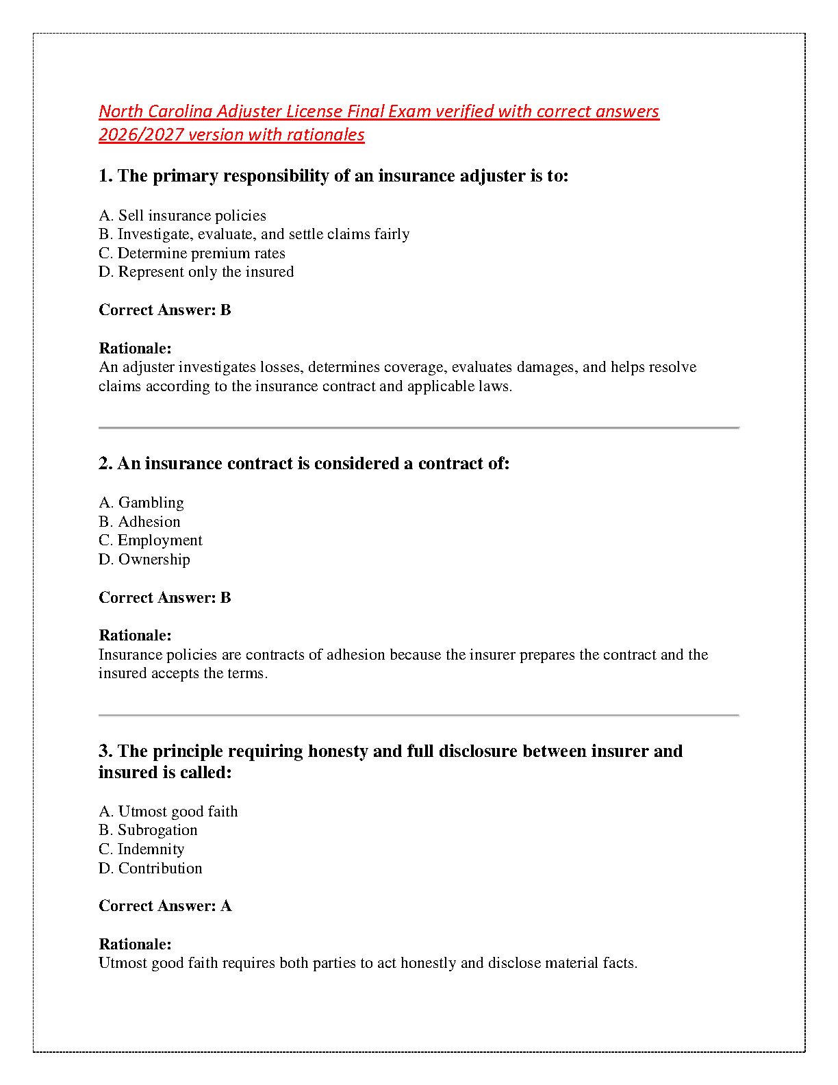 Insurance Adjuster Exam Prep Q&A Guide 2026/2027 New Release Covering Claims Investigation Evaluation Settlement Principles Adhesion Contracts Indemnity Utmost Good Faith Material Facts Policy Review Study Aid