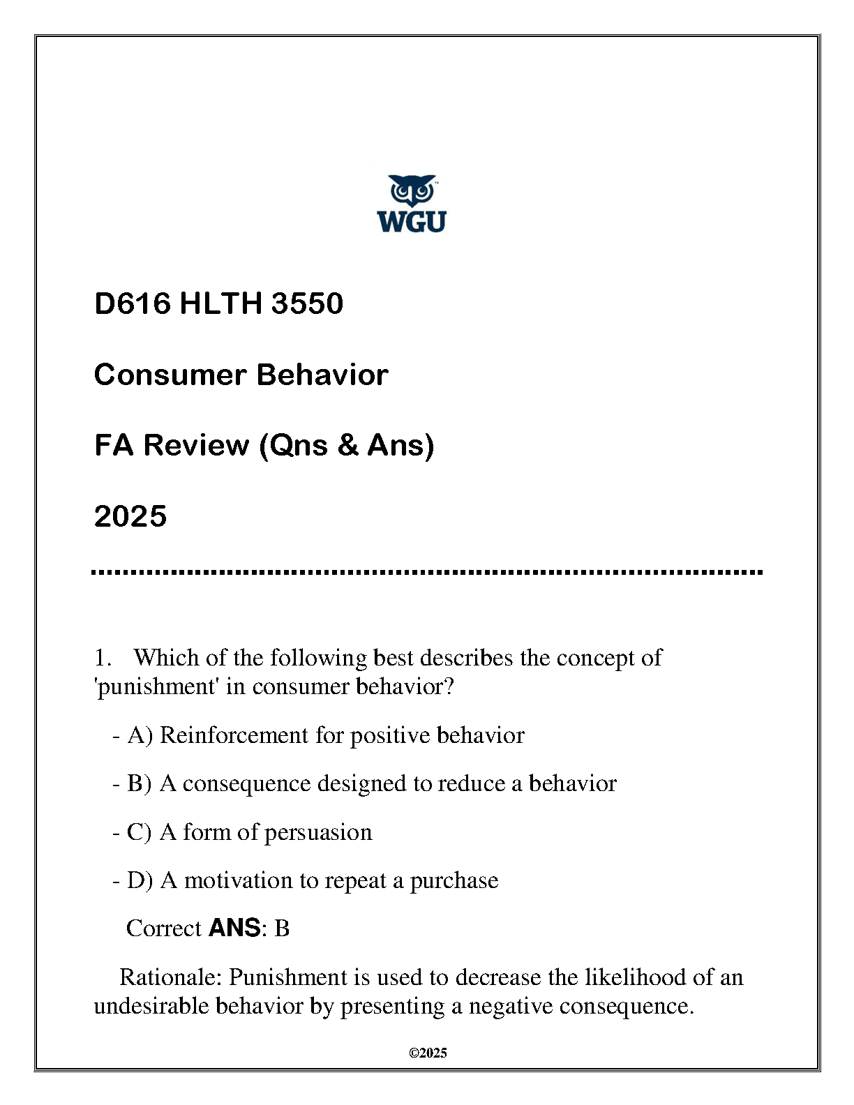 WGU D616 HLTH 3550 Consumer Behavior Final Exam Review Questions and Answers 2025