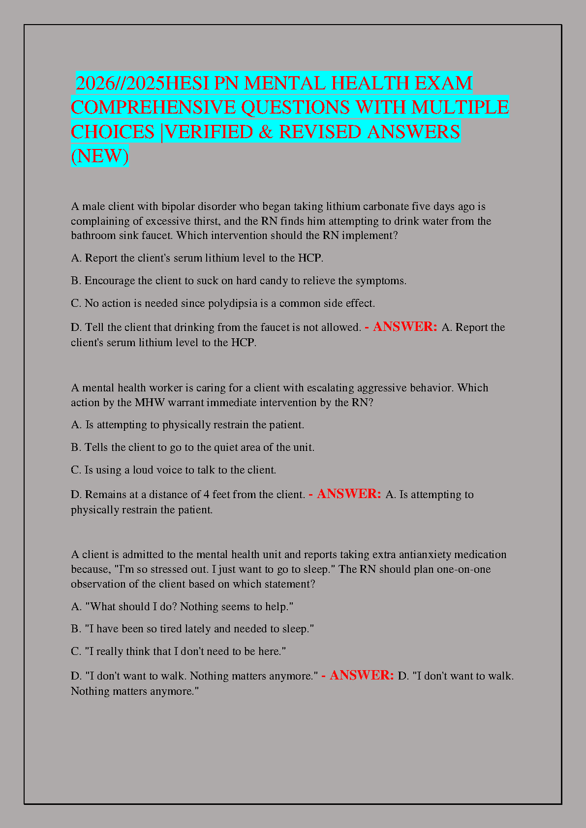 2025/2026 HESI PN Mental Health Exam Test Bank | Latest Edition with Verified Questions & Answers for First-Try Success