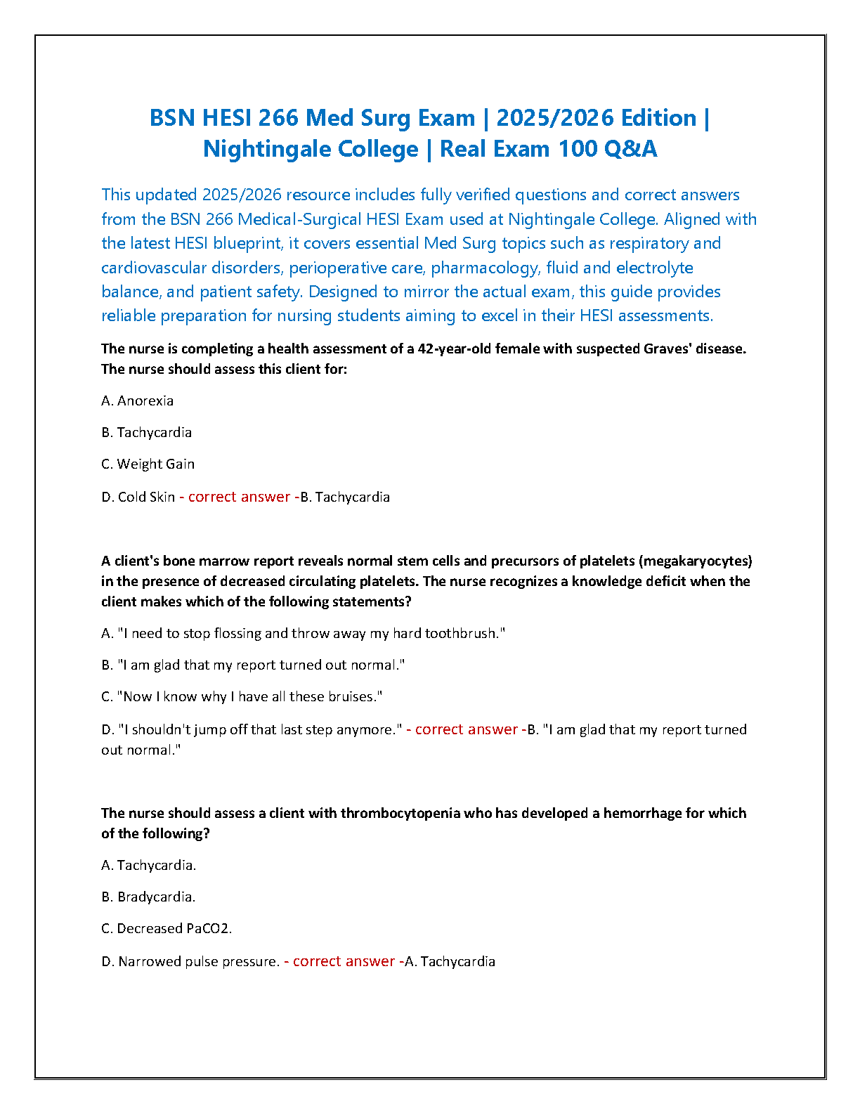 BSN HESI 266 Med Surg Exam 2025/2026 Edition | Nightingale College Real Exam Q&A Study Guide to Pass on Your First Attempt