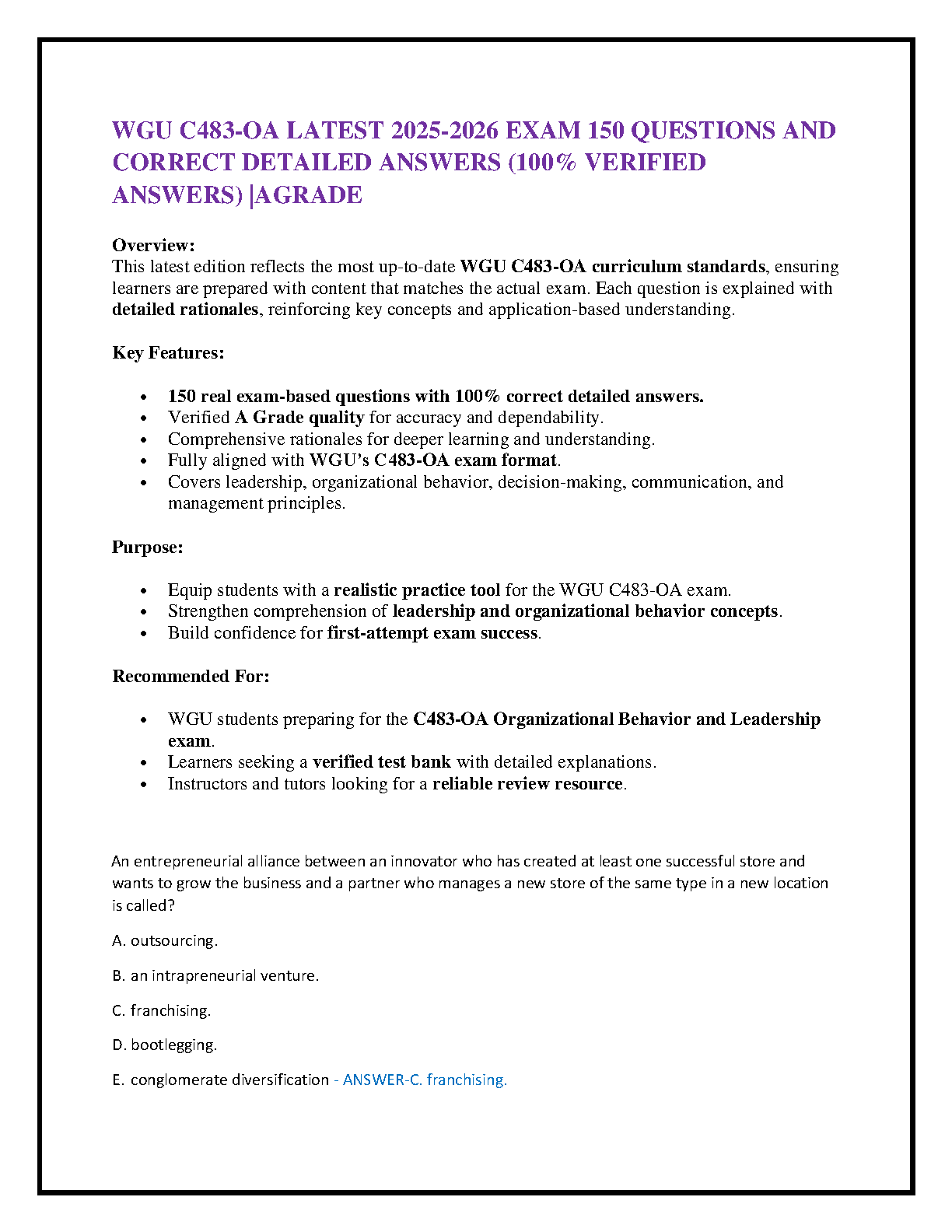 WGU C483-OA Organizational Behavior and Leadership Test Bank: 150 Verified Questions for 2025-2026 Exam Success